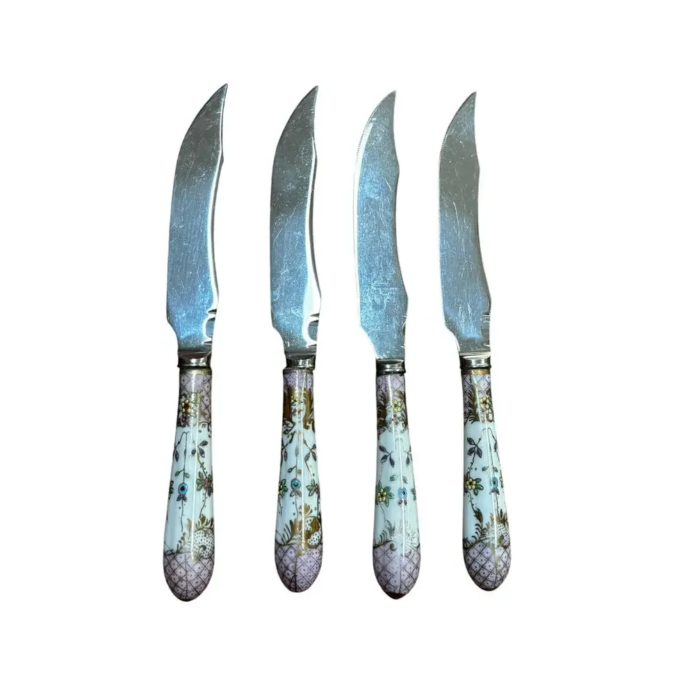 Vintage Hand Painted Pink Porcelain Handle Sheffield stainless steel knives (4)